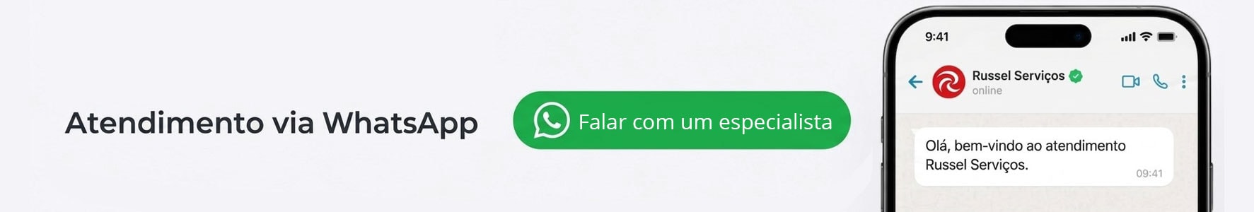 Atendimento da Russel Serviços pelo WhatsApp: botão Falar com um especialista e conversa no celular.